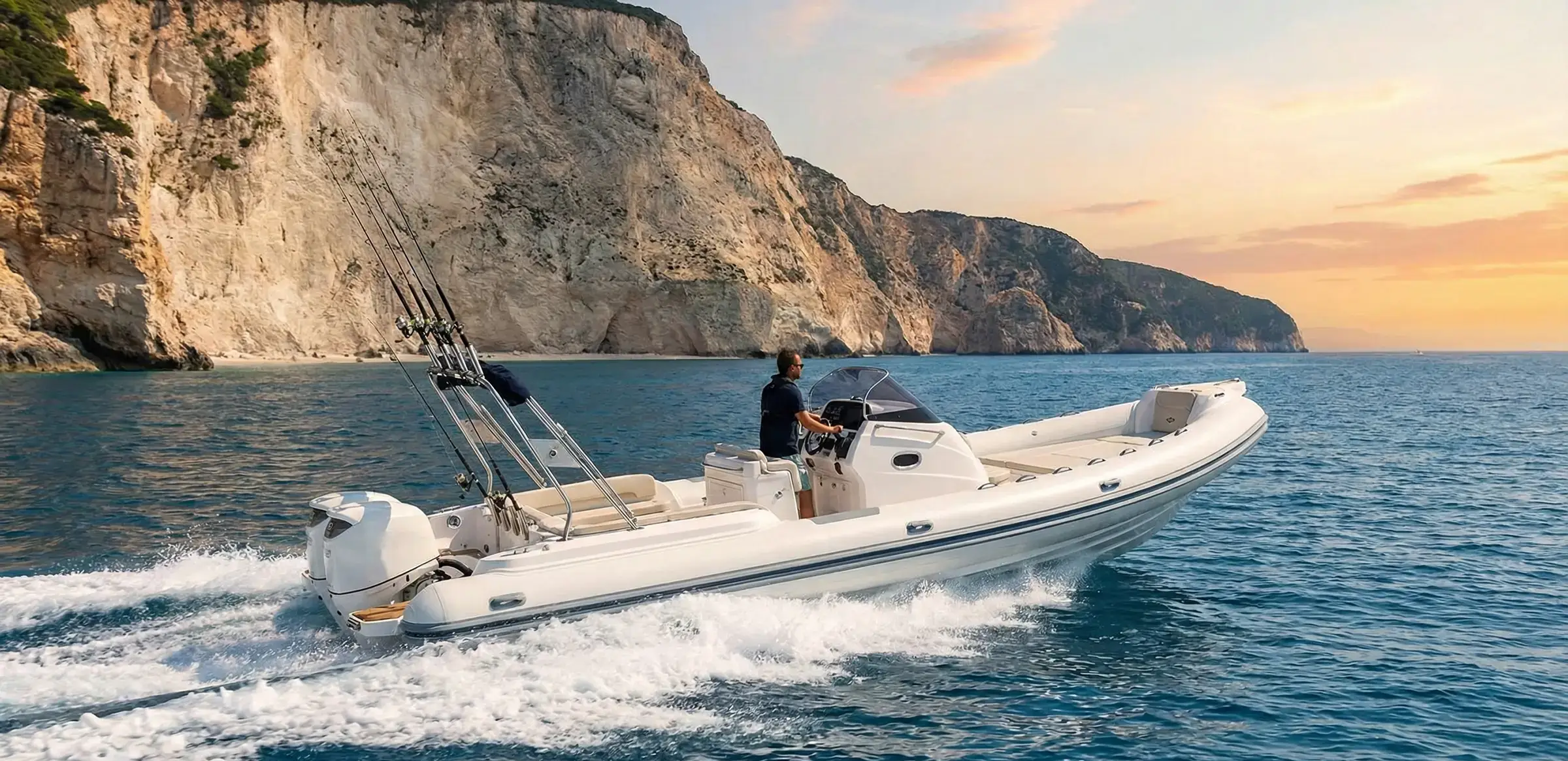 High-speed private RIB fishing charter boat in Kefalonia with professional trolling rods set up
